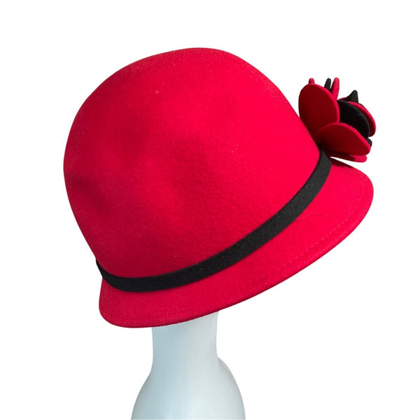 Red Wool & Felt Cloche Hat With Black Band & Floral Accent