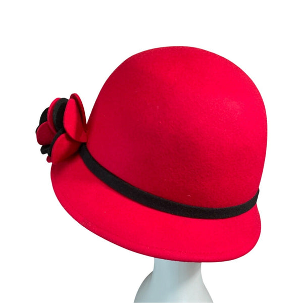 Red Wool & Felt Cloche Hat With Black Band & Floral Accent
