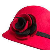 Red Wool & Felt Cloche Hat With Black Band & Floral Accent
