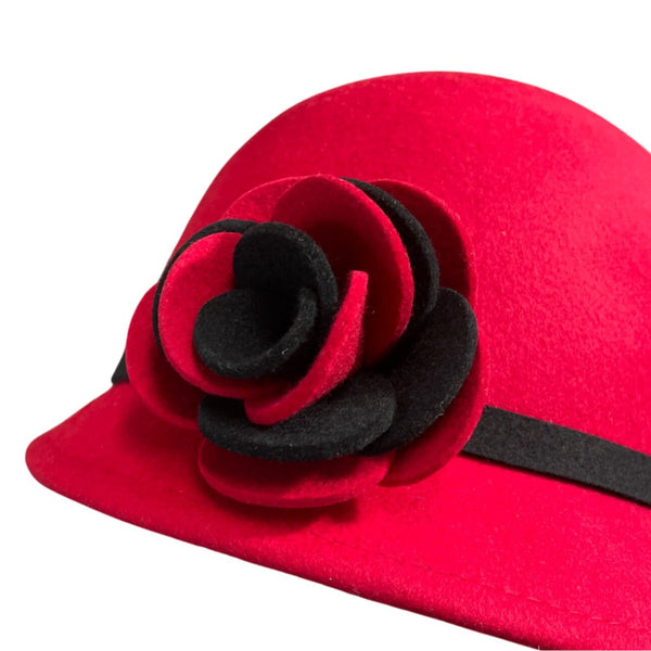 Red Wool & Felt Cloche Hat With Black Band & Floral Accent