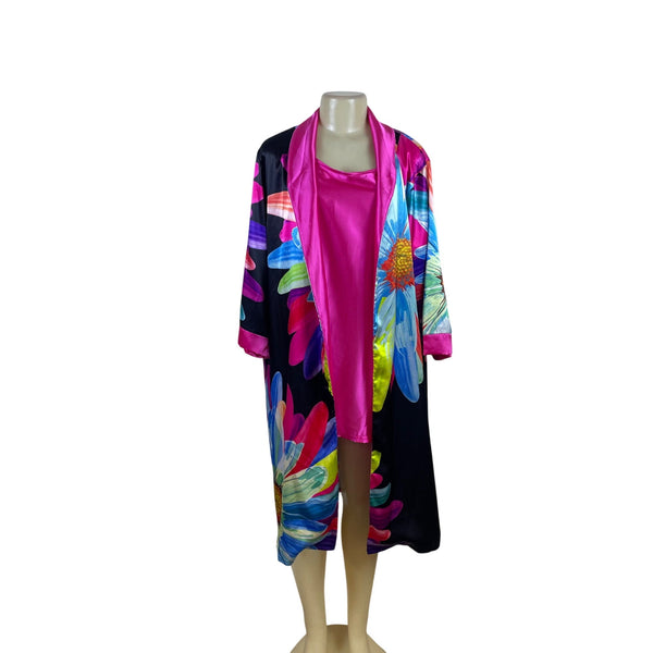 Lily By Firmiana Satin Women’s Pink Floral Two-Piece Robe & Slip Dress Nightwear Set Medium Lightweight