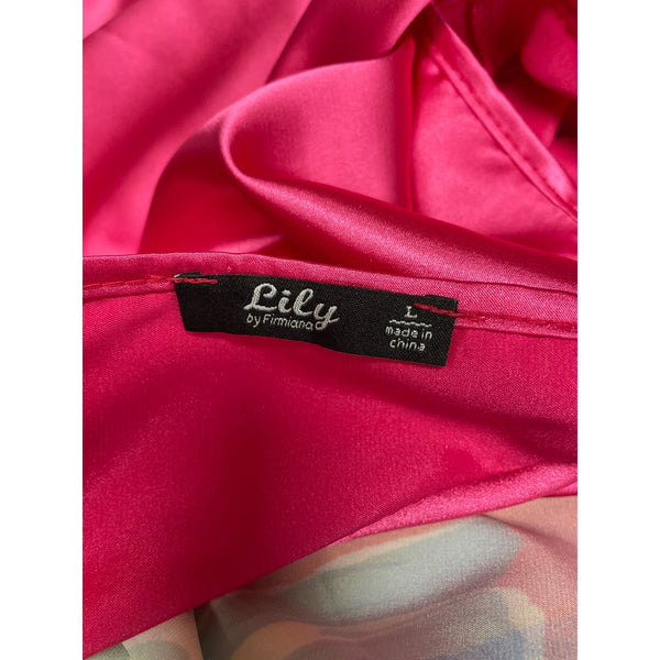 Lily By Firmiana Satin Women’s Pink Floral Two-Piece Robe & Slip Dress Nightwear Set Medium Lightweight