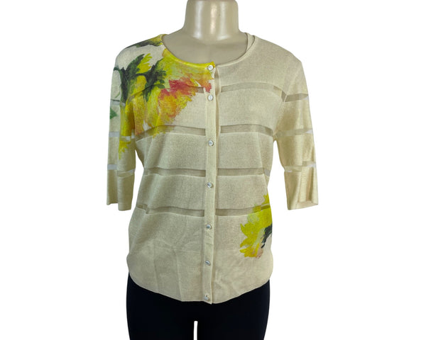 Escada Women’s Floral Sleeveless Top & Matching Cardigan Set Beige Yellow Sz M