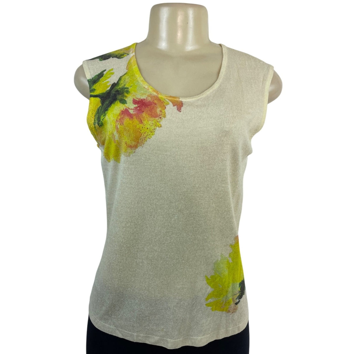 Escada Women’s Floral Sleeveless Top & Matching Cardigan Set Beige Yellow Sz M
