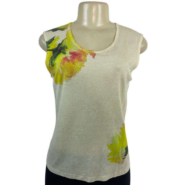 Escada Women’s Floral Sleeveless Top & Matching Cardigan Set Beige Yellow Sz M