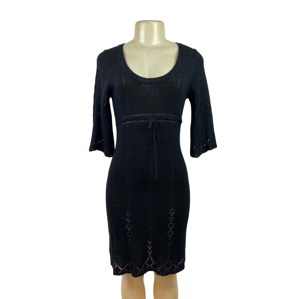 Say What Black Knit Dress With Scoop Neck & Waist Tie 3/4 Bell Sleeves Size L