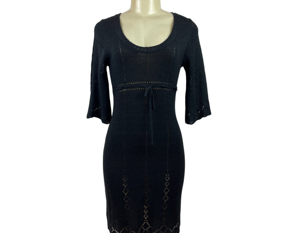 Say What Black Knit Dress With Scoop Neck & Waist Tie 3/4 Bell Sleeves Size L