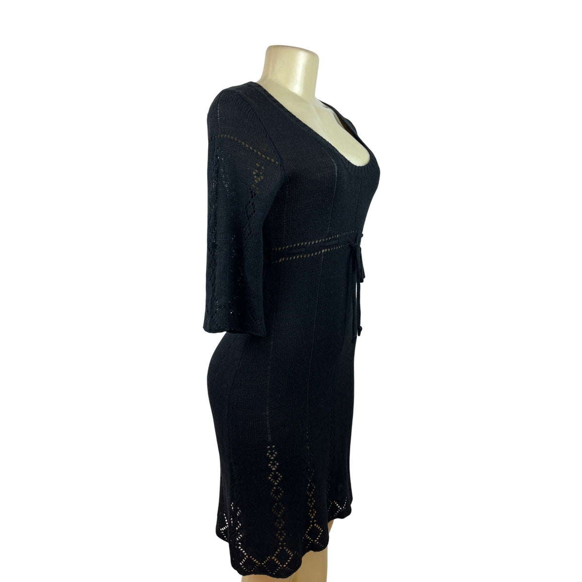 Say What Black Knit Dress With Scoop Neck & Waist Tie 3/4 Bell Sleeves Size L