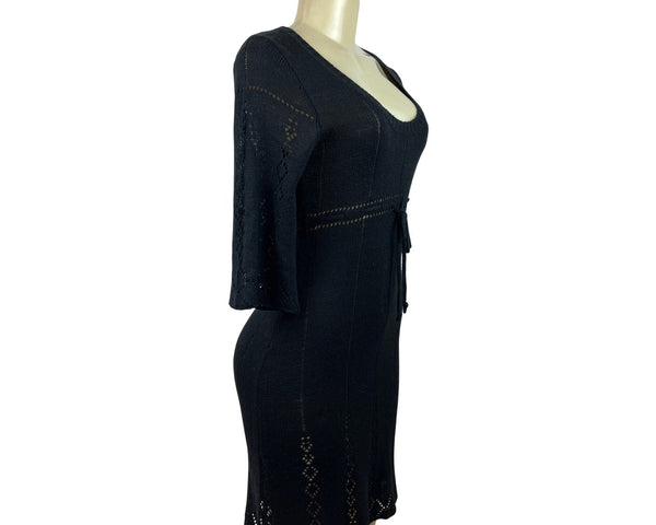 Say What Black Knit Dress With Scoop Neck & Waist Tie 3/4 Bell Sleeves Size L