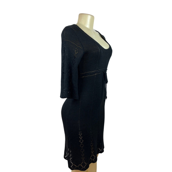 Say What Black Knit Dress With Scoop Neck & Waist Tie 3/4 Bell Sleeves Size L