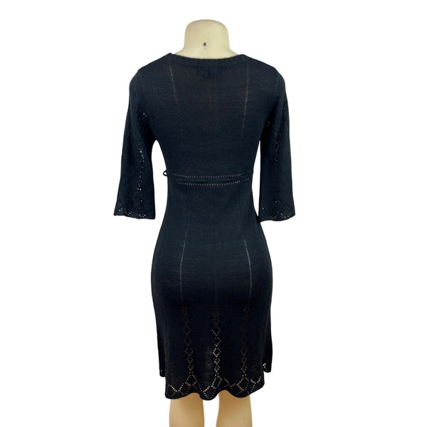 Say What Black Knit Dress With Scoop Neck & Waist Tie 3/4 Bell Sleeves Size L