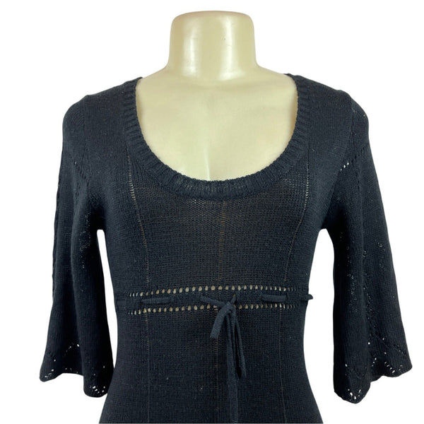 Say What Black Knit Dress With Scoop Neck & Waist Tie 3/4 Bell Sleeves Size L