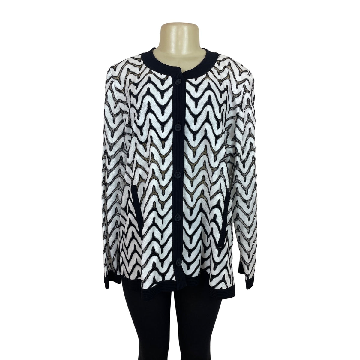 Misook Exclusively Women's Black & White Chevron Knit Cardigan Size IX