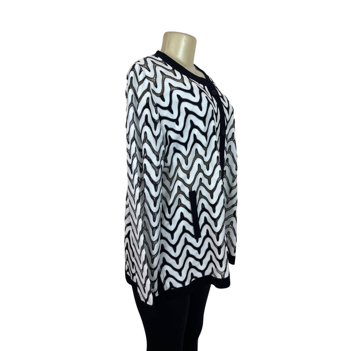 Misook Exclusively Women's Black & White Chevron Knit Cardigan Size IX