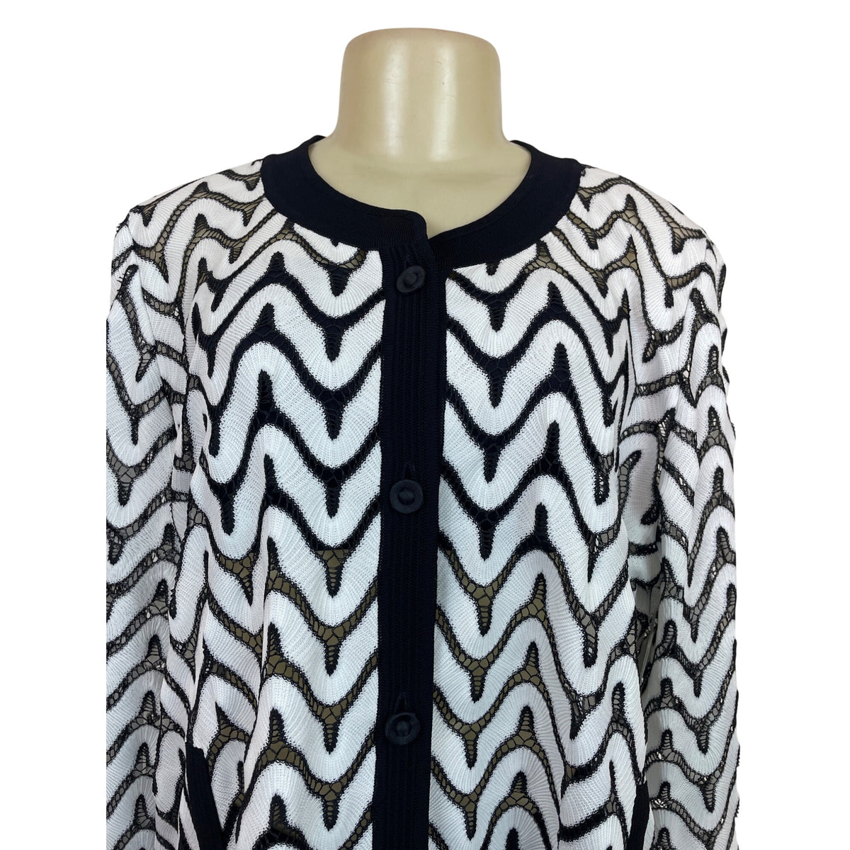 Misook Exclusively Women's Black & White Chevron Knit Cardigan Size IX