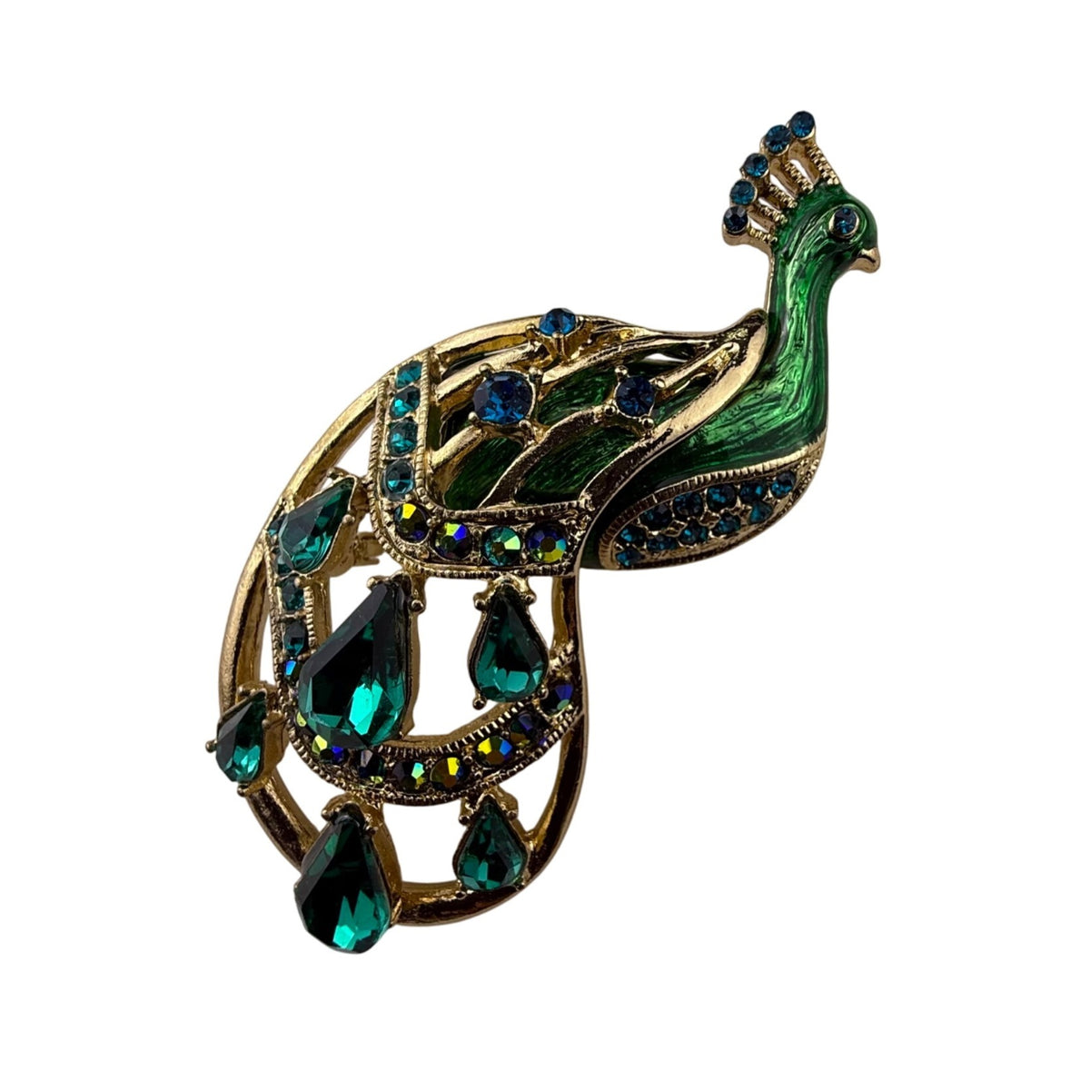 Vintage Gold Tone Peacock Brooch Green Blue Rhinestone Enamel Statement Pin Jewelry