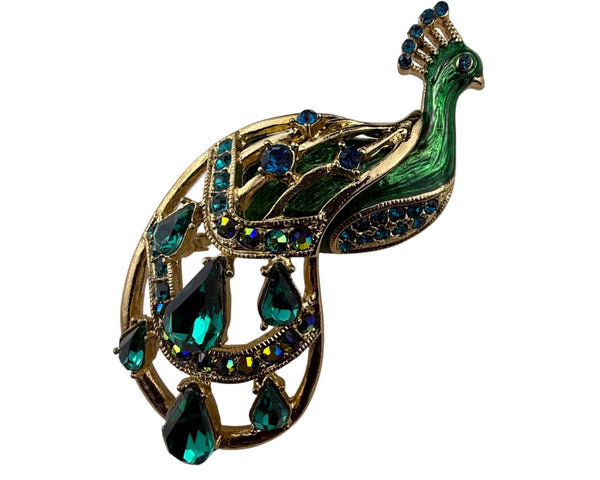 Vintage Gold Tone Peacock Brooch Green Blue Rhinestone Enamel Statement Pin Jewelry