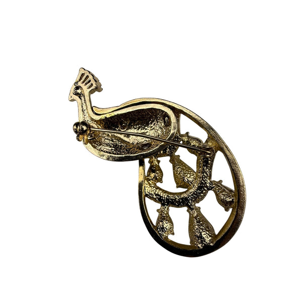 Vintage Gold Tone Peacock Brooch Green Blue Rhinestone Enamel Statement Pin Jewelry