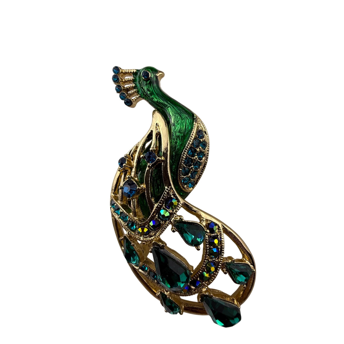 Vintage Gold Tone Peacock Brooch Green Blue Rhinestone Enamel Statement Pin Jewelry