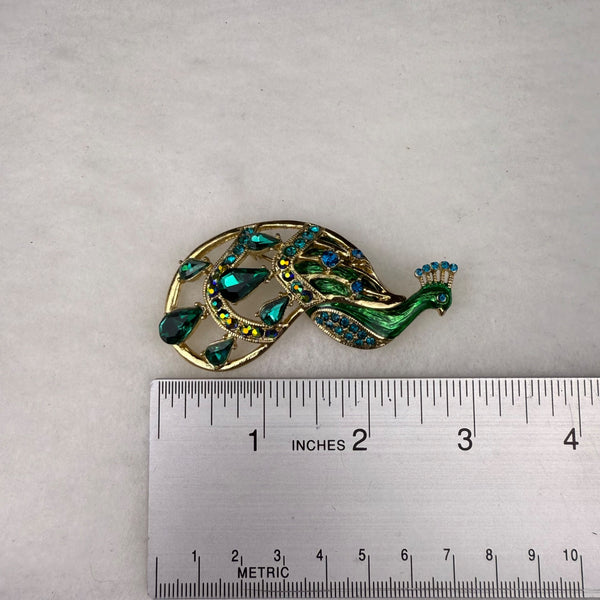 Vintage Gold Tone Peacock Brooch Green Blue Rhinestone Enamel Statement Pin Jewelry
