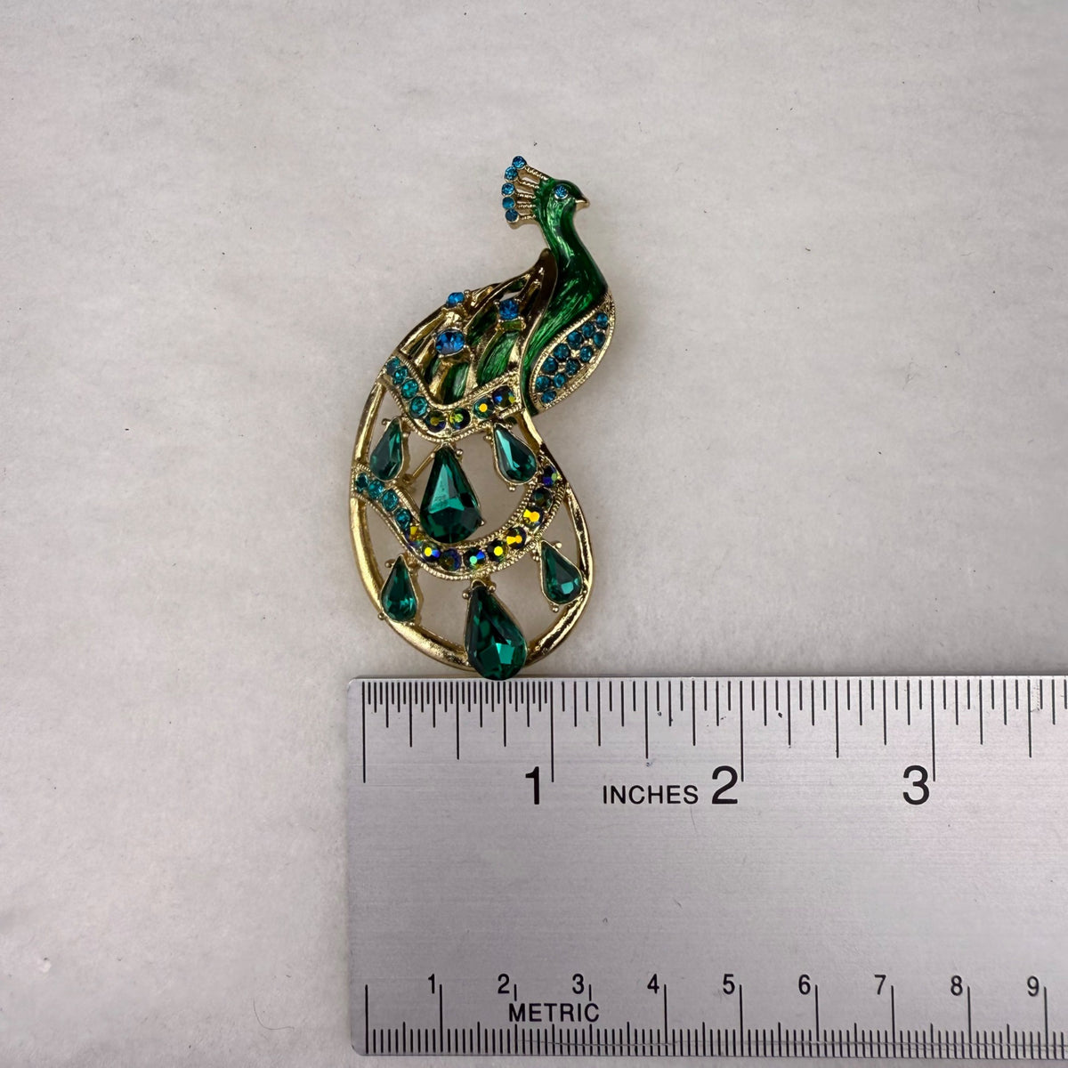 Vintage Gold Tone Peacock Brooch Green Blue Rhinestone Enamel Statement Pin Jewelry