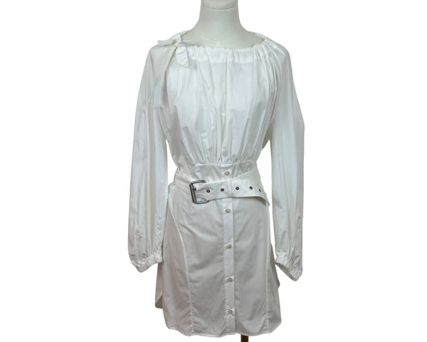 Rachel Comey White Long-Sleeve Belted Shirt Dress w Tie Neck & Button Front Sz 6