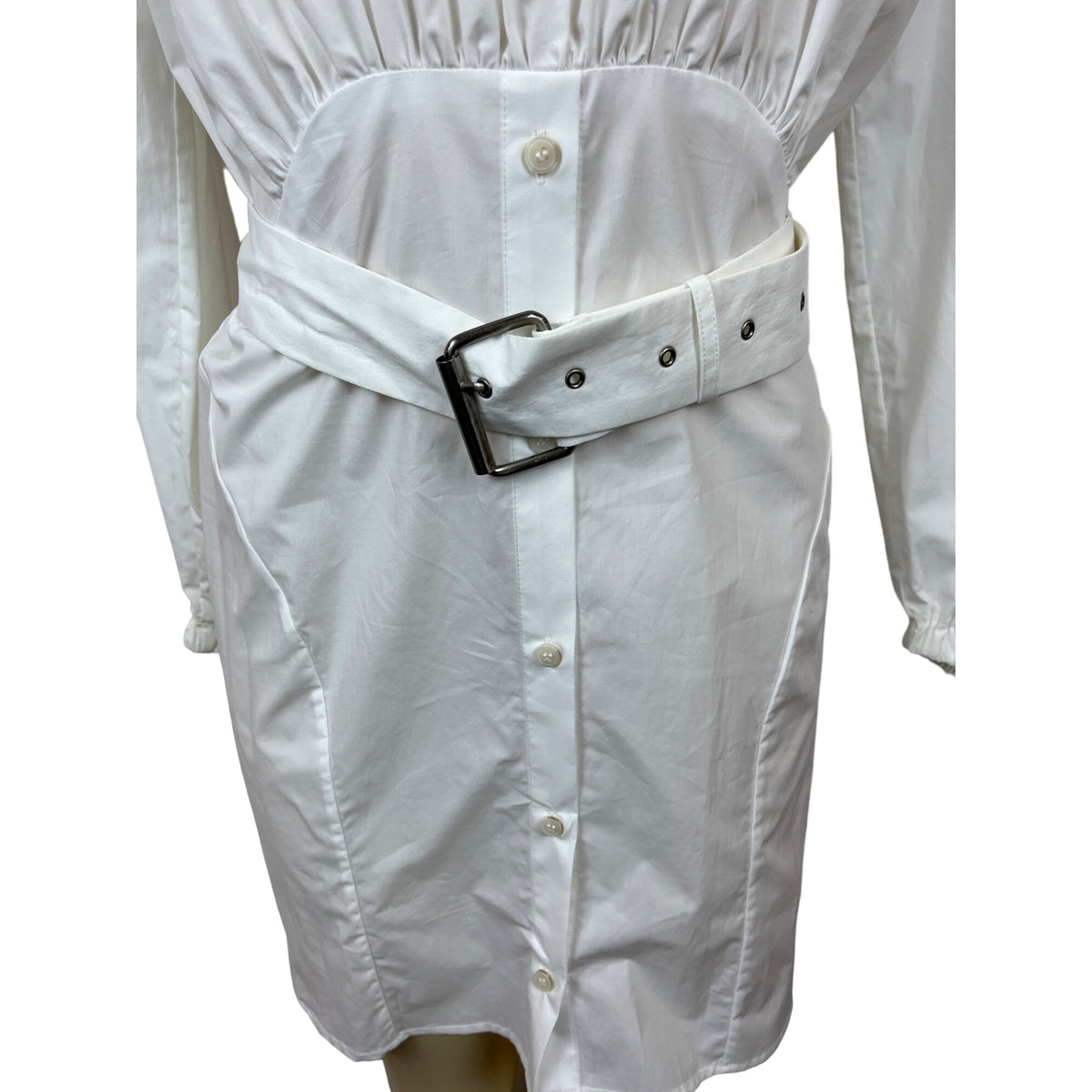 Rachel Comey White Long-Sleeve Belted Shirt Dress w Tie Neck & Button Front Sz 6