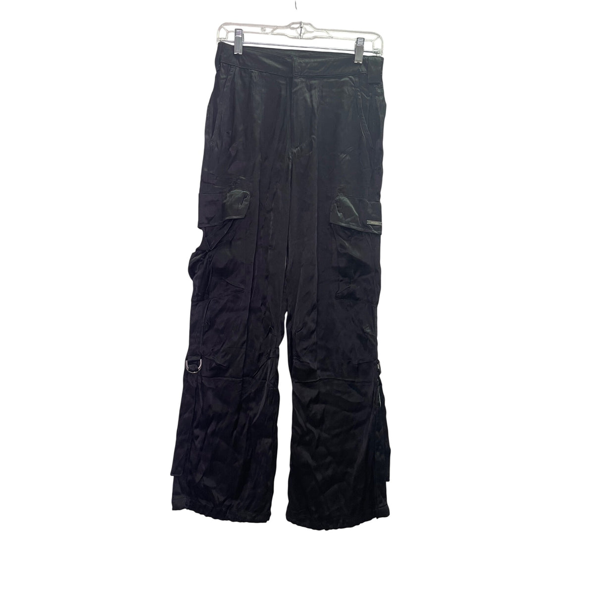 Youngla Womens Black Satin Cargo Pants X-Small Multi-Pocket Relaxed Fit Casual Chic