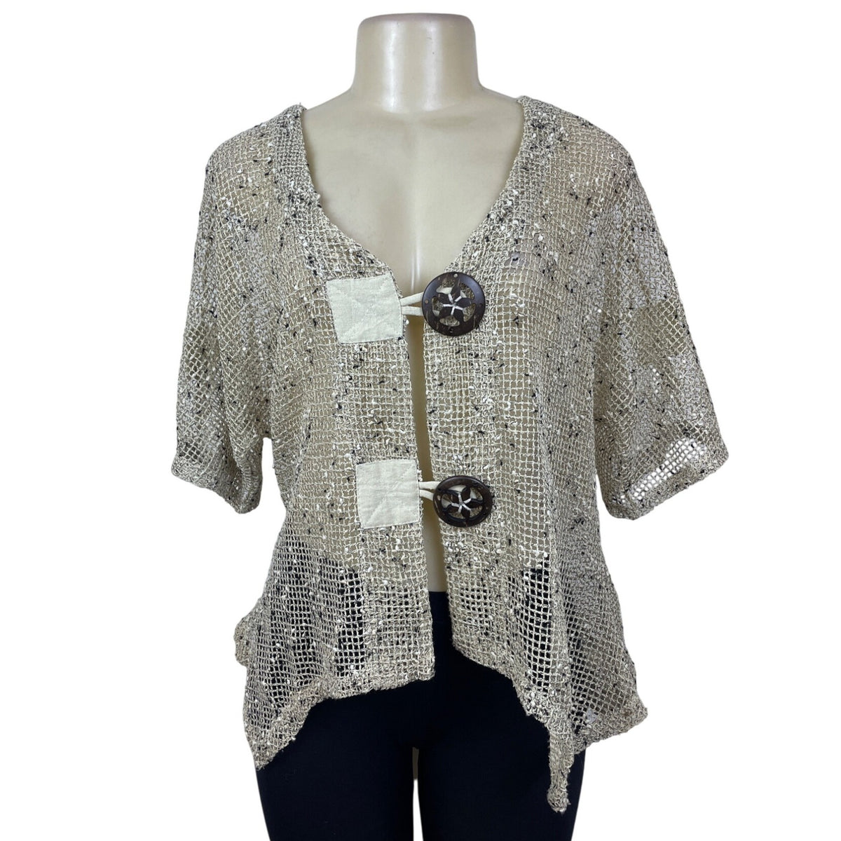 Kaktus Womens Beige Mesh Knit Cardigan Button Closure Short Sleeve