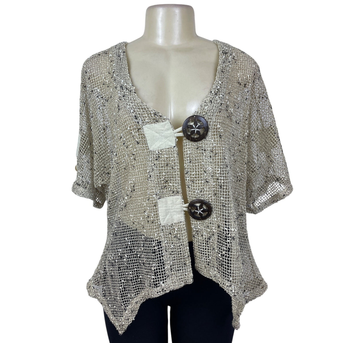 Kaktus Womens Beige Mesh Knit Cardigan Button Closure Short Sleeve
