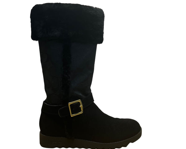 Coach Women’s Black Suede & Faux Fur Mid-Calf Buckle Detail DeeAnn Boots Size 6B