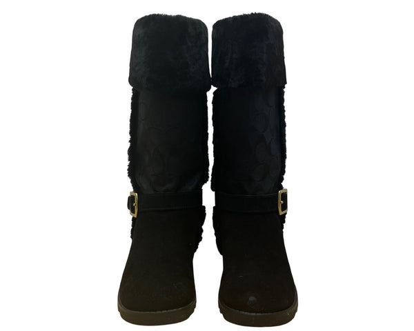 Coach Women’s Black Suede & Faux Fur Mid-Calf Buckle Detail DeeAnn Boots Size 6B