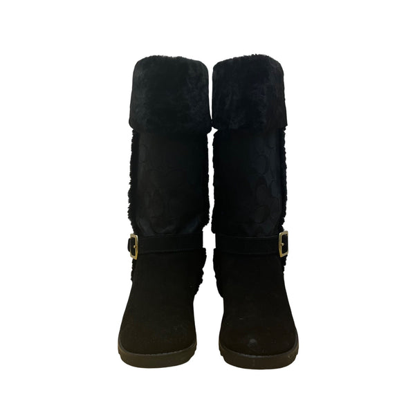 Coach Women’s Black Suede & Faux Fur Mid-Calf Buckle Detail DeeAnn Boots Size 6B