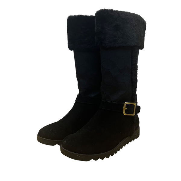 Coach Women’s Black Suede & Faux Fur Mid-Calf Buckle Detail DeeAnn Boots Size 6B