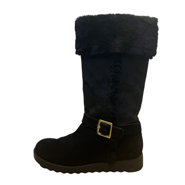 Coach Women’s Black Suede & Faux Fur Mid-Calf Buckle Detail DeeAnn Boots Size 6B