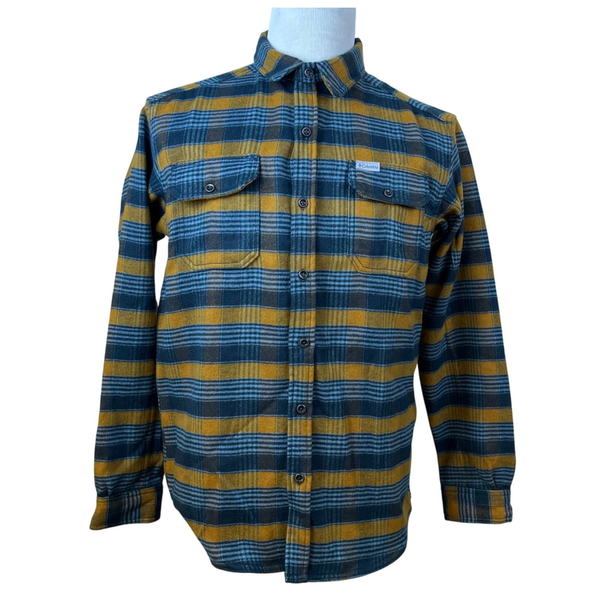 Columbia Men's Yellow Blue Plaid Cotton Button Up Flannel Shirt Regular Fit M