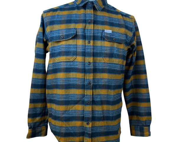 Columbia Men's Yellow Blue Plaid Cotton Button Up Flannel Shirt Regular Fit M