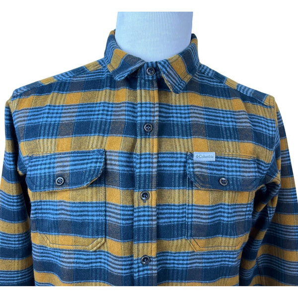 Columbia Men's Yellow Blue Plaid Cotton Button Up Flannel Shirt Regular Fit M