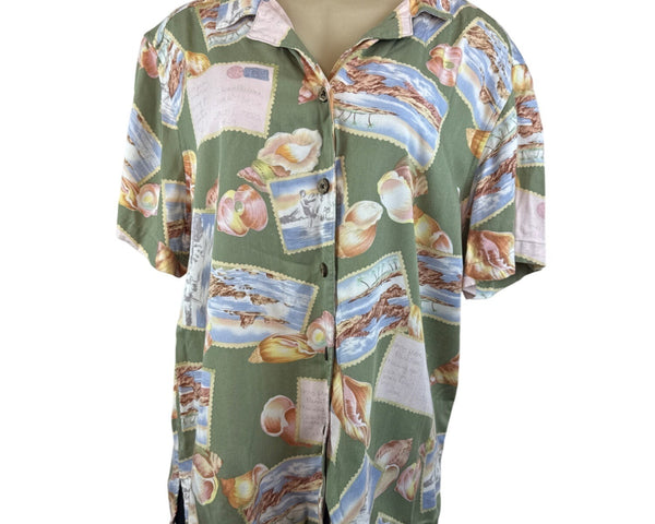 Havana Jacks Cafe Womens Green Tropical Postcard Print Short Sleeve Shirt Sz 1X