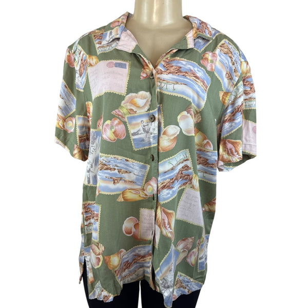 Havana Jacks Cafe Womens Green Tropical Postcard Print Short Sleeve Shirt Sz 1X