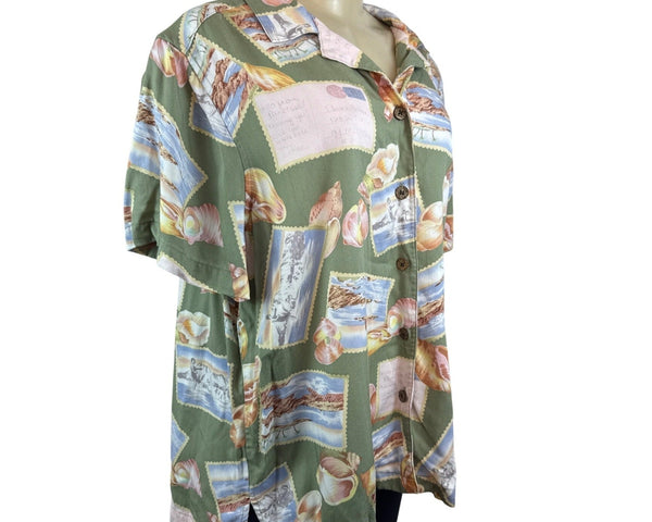 Havana Jacks Cafe Womens Green Tropical Postcard Print Short Sleeve Shirt Sz 1X