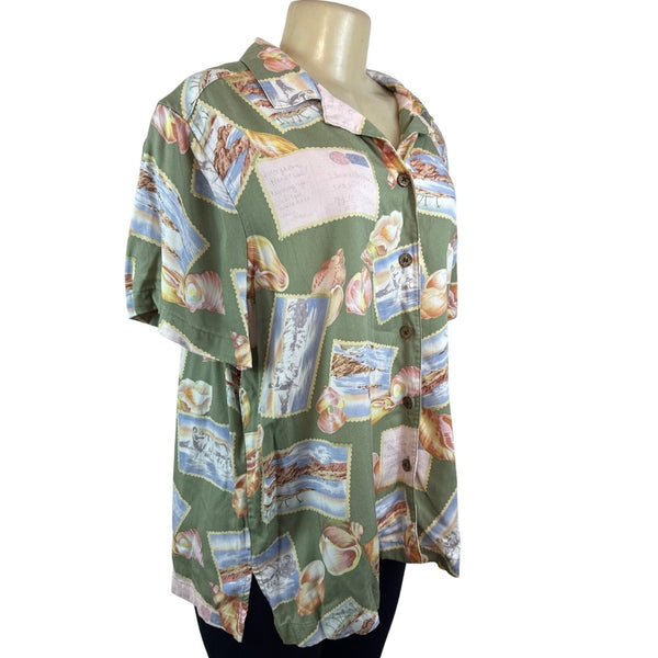 Havana Jacks Cafe Womens Green Tropical Postcard Print Short Sleeve Shirt Sz 1X