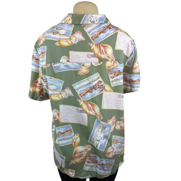 Havana Jacks Cafe Womens Green Tropical Postcard Print Short Sleeve Shirt Sz 1X