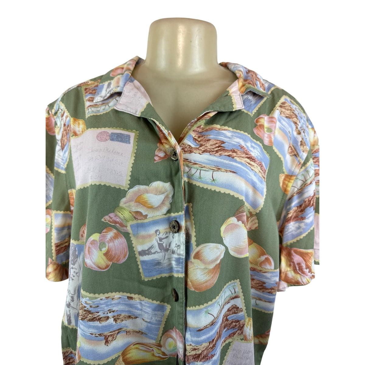 Havana Jacks Cafe Womens Green Tropical Postcard Print Short Sleeve Shirt Sz 1X