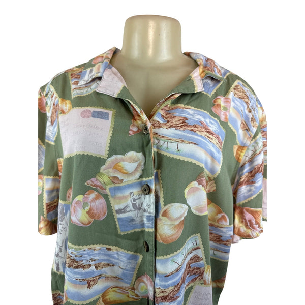 Havana Jacks Cafe Womens Green Tropical Postcard Print Short Sleeve Shirt Sz 1X