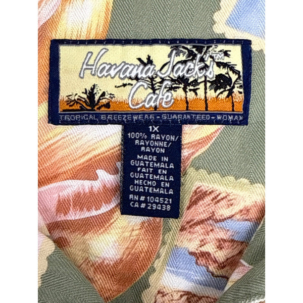 Havana Jacks Cafe Womens Green Tropical Postcard Print Short Sleeve Shirt Sz 1X