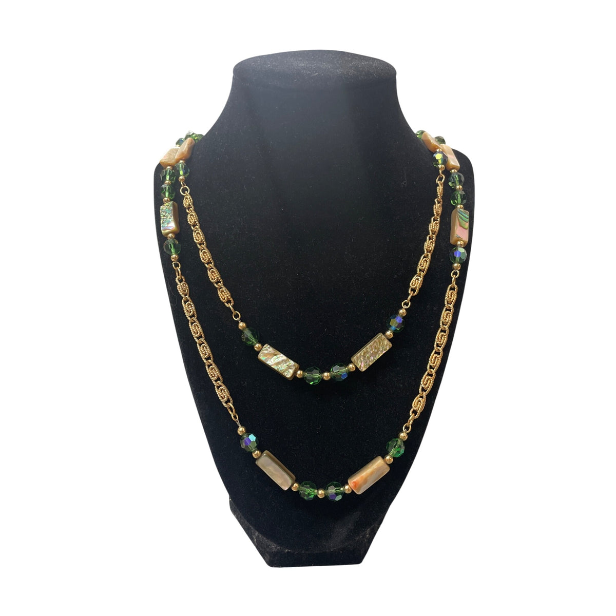 Vintage Gold Chain Necklace Green & Iridescent Beads