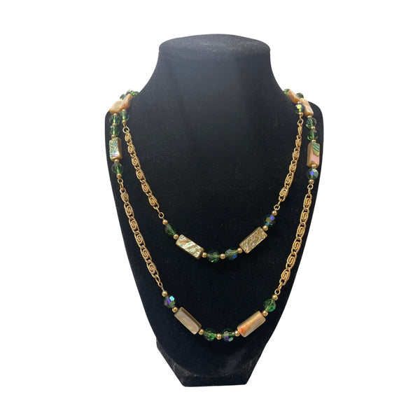 Vintage Gold Chain Necklace Green & Iridescent Beads