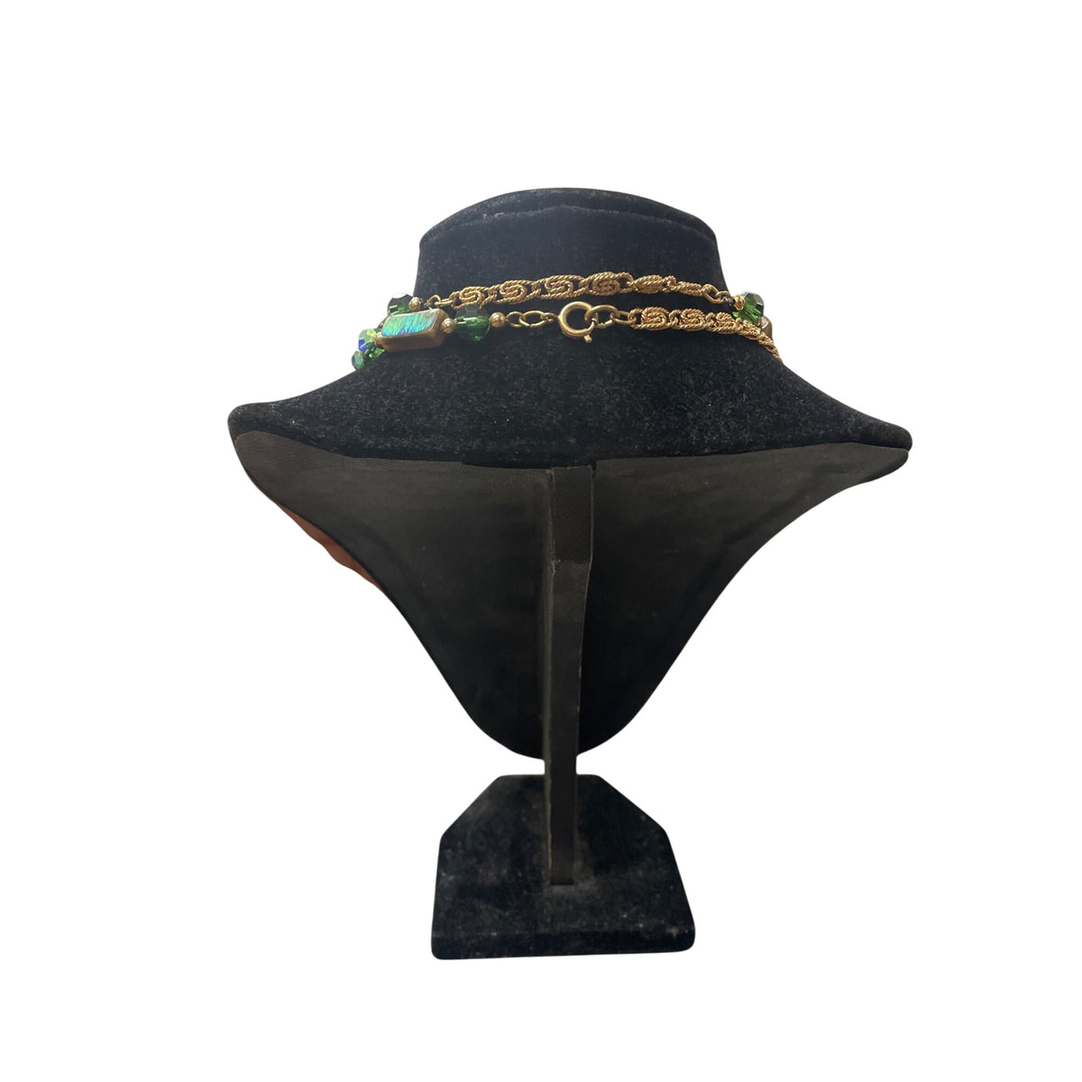 Vintage Gold Chain Necklace Green & Iridescent Beads