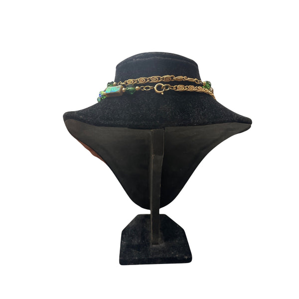 Vintage Gold Chain Necklace Green & Iridescent Beads